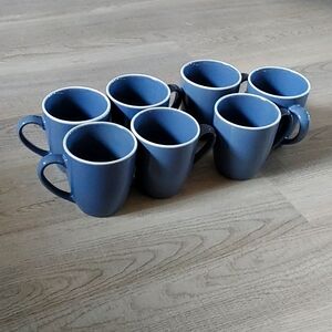 Mikasa Blue Coffee Mugs Set 7 LIKENEW Stoneware “Nelly”.